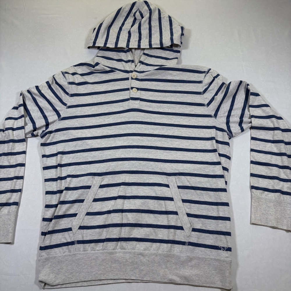 American Eagle Mens Athletic Fit Striped Henley Hoodie Gray Blue Large 09/13